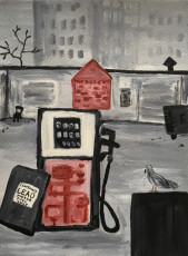 "Decomposing Gas Pump #1 with dinosaur/pigeon" by Barbara WilsonAcrylic on Saunders Waterford Rough paperDimension: 12"X9";2 @ 9"x12"Price: $400