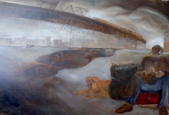 "Man, Dog, Train, Bridge"  by Lindley Farley

Oil on Canvas
Price: $3,500